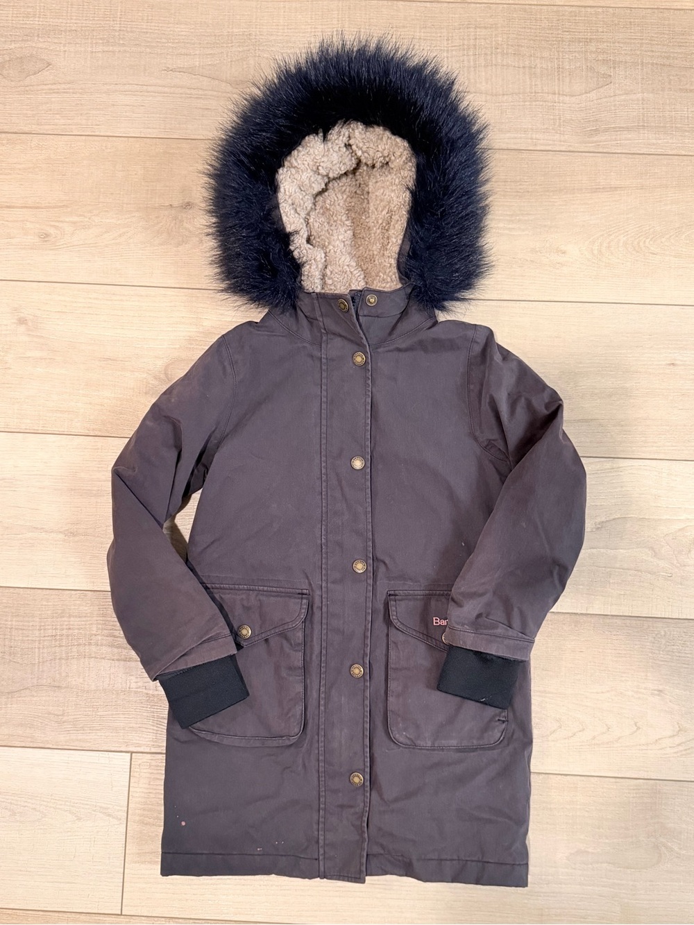 Barbour Girls Navy Parka with Faux Fur Hood